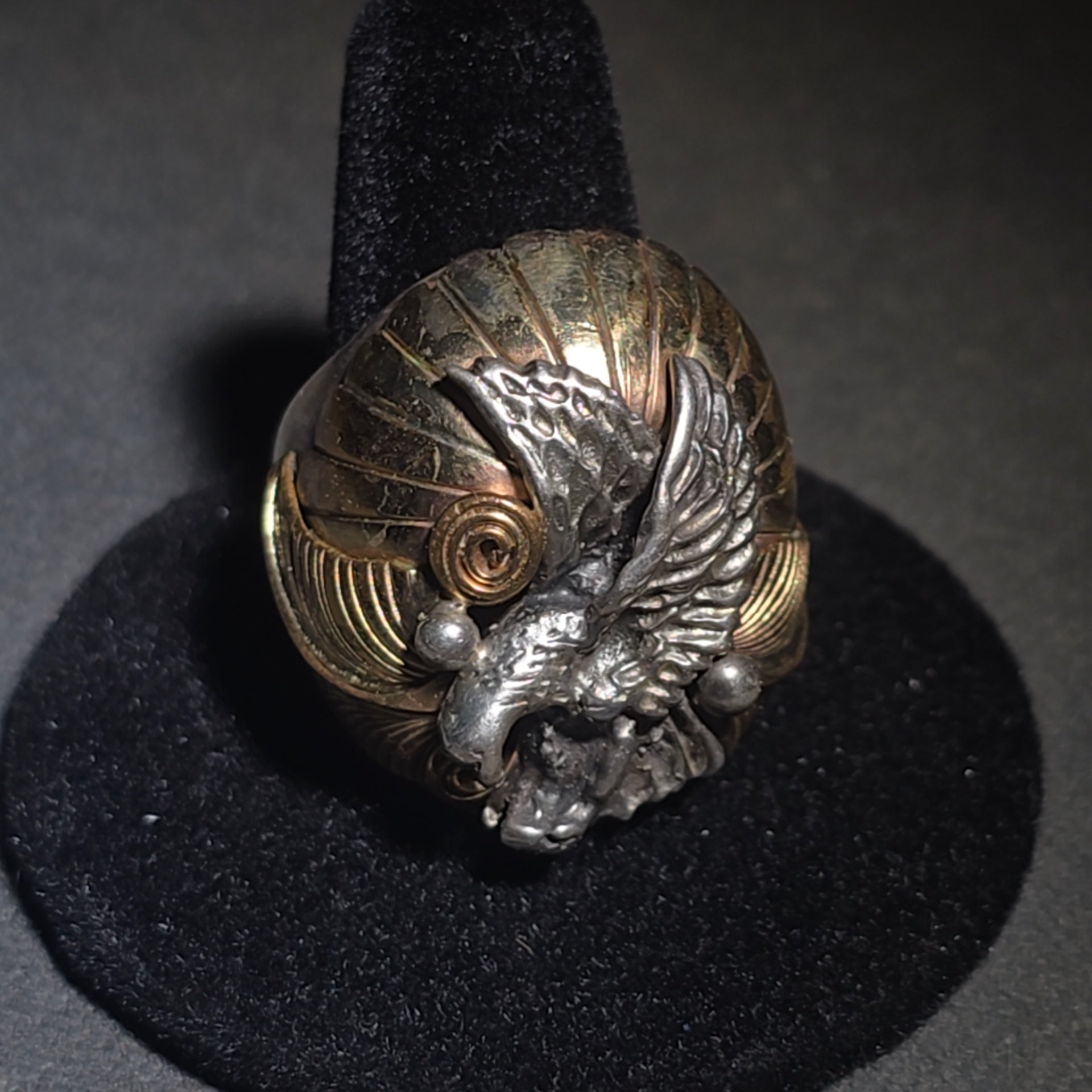 Vintage Sterling Silver and 12K Gold-Filled Eagle Men's Biker Ring with Spread Wings and Sunburst Dome, Marked "TD"