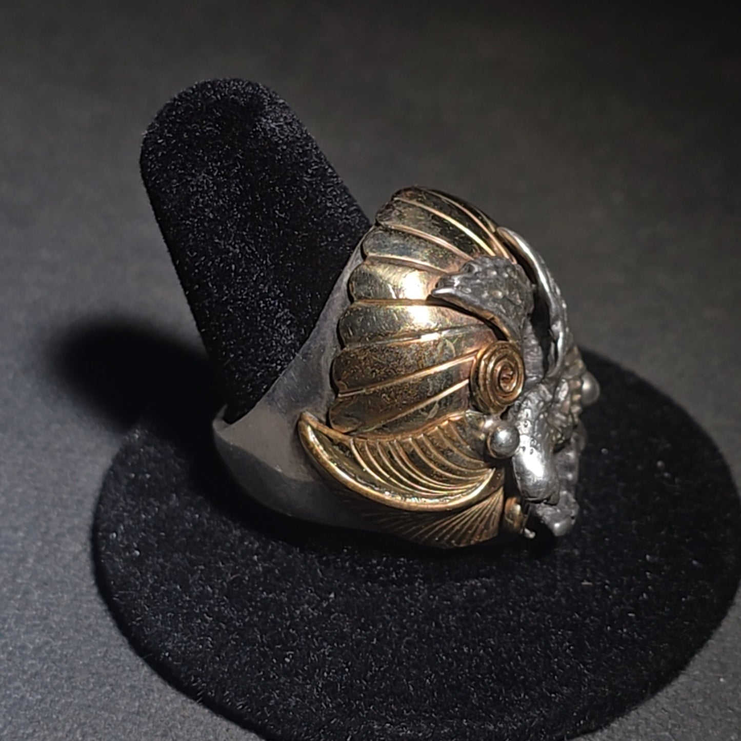 Vintage Sterling Silver and 12K Gold-Filled Eagle Men's Biker Ring with Spread Wings and Sunburst Dome, Marked "TD"