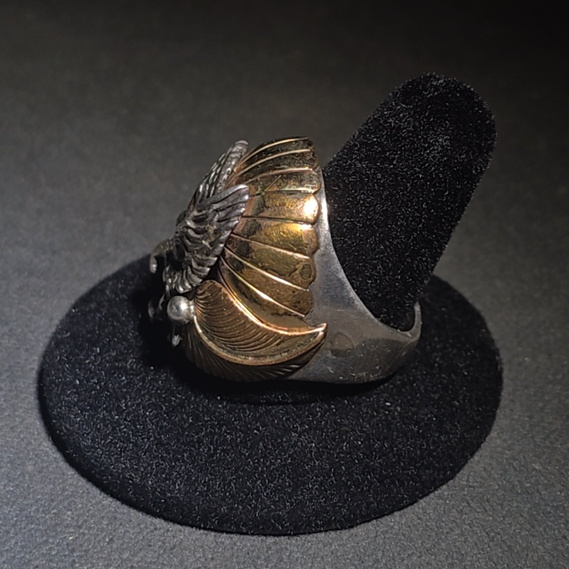 Vintage Sterling Silver and 12K Gold-Filled Eagle Men's Biker Ring with Spread Wings and Sunburst Dome, Marked "TD"