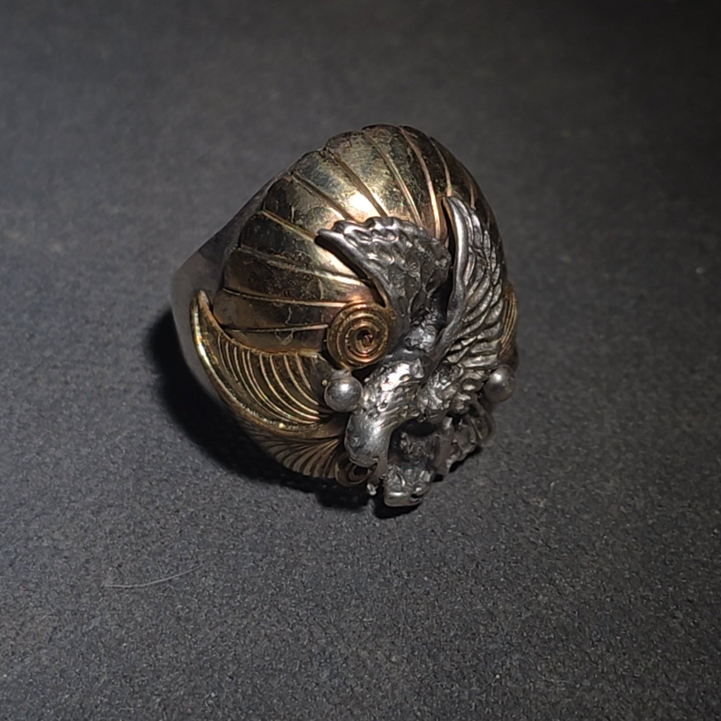 Vintage Sterling Silver and 12K Gold-Filled Eagle Men's Biker Ring with Spread Wings and Sunburst Dome, Marked "TD"