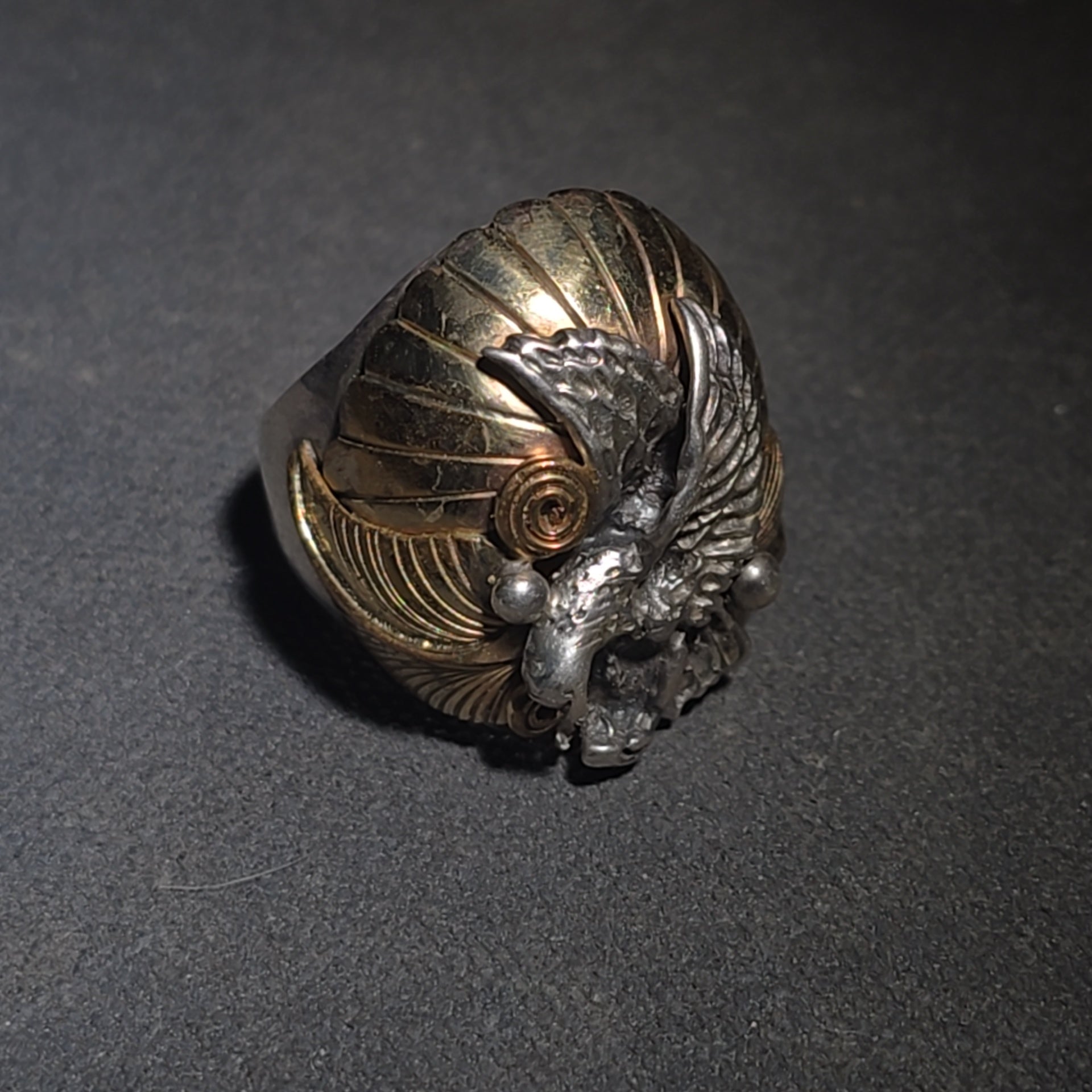 Vintage Sterling Silver and 12K Gold-Filled Eagle Men's Biker Ring with Spread Wings and Sunburst Dome, Marked "TD"