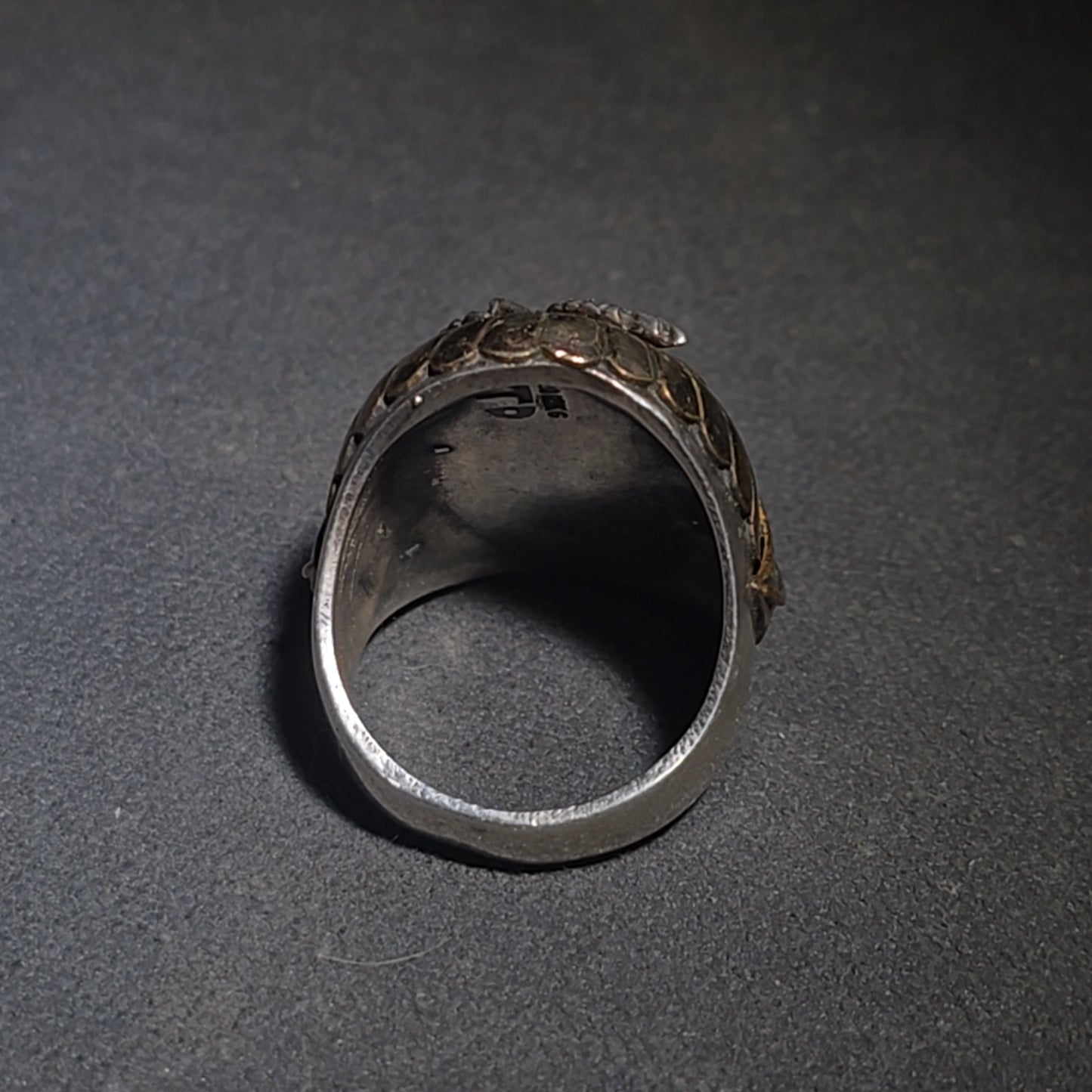 Vintage Sterling Silver and 12K Gold-Filled Eagle Men's Biker Ring with Spread Wings and Sunburst Dome, Marked "TD"