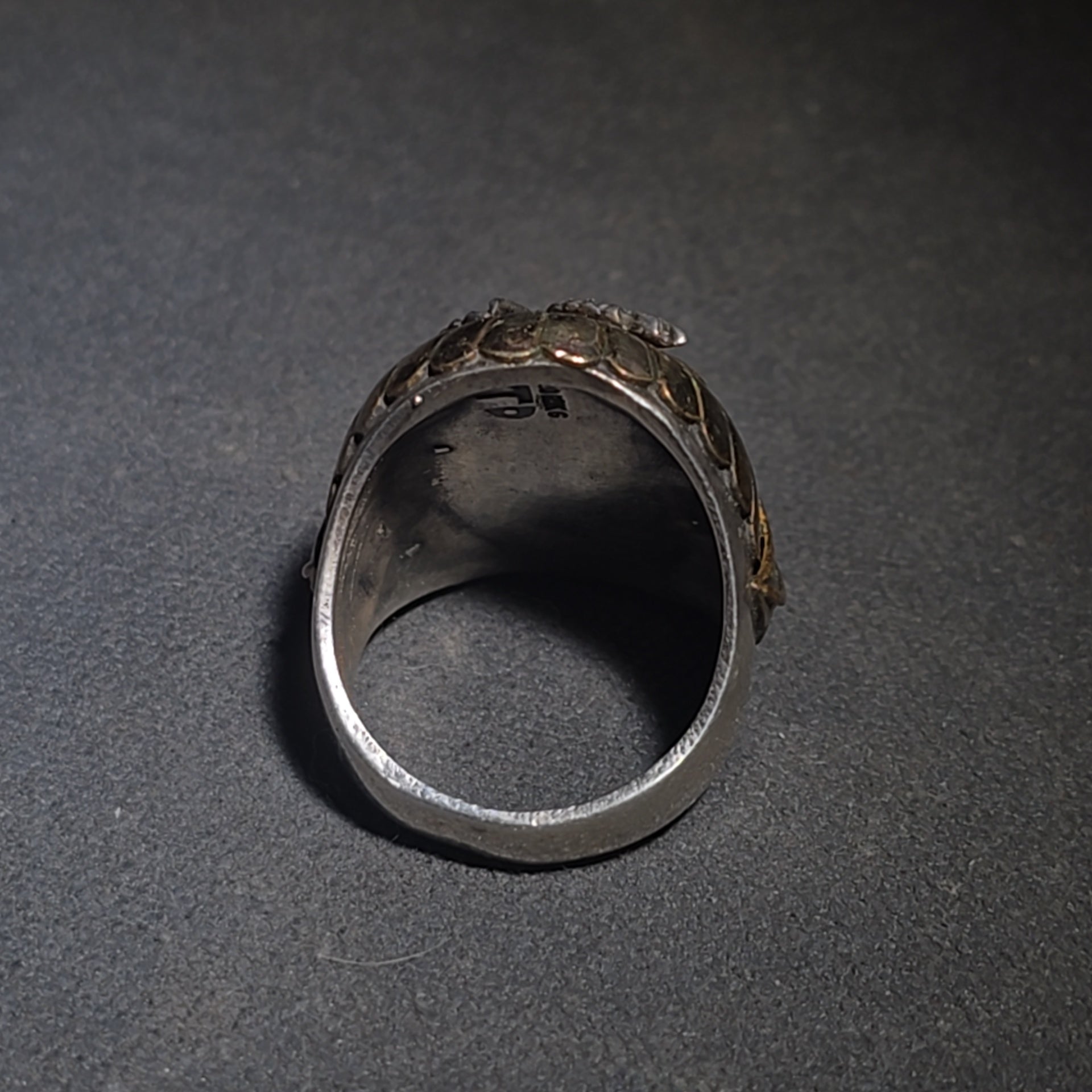 Vintage Sterling Silver and 12K Gold-Filled Eagle Men's Biker Ring with Spread Wings and Sunburst Dome, Marked "TD"