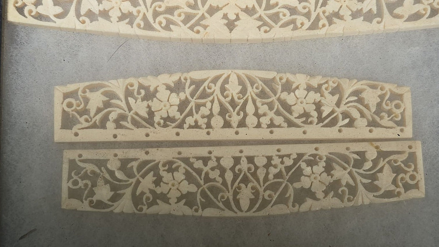 Antique Carved Bone Brisé Fan Staves with Pierced Floral and Vine Designs in Glass-Top Riker Display Case