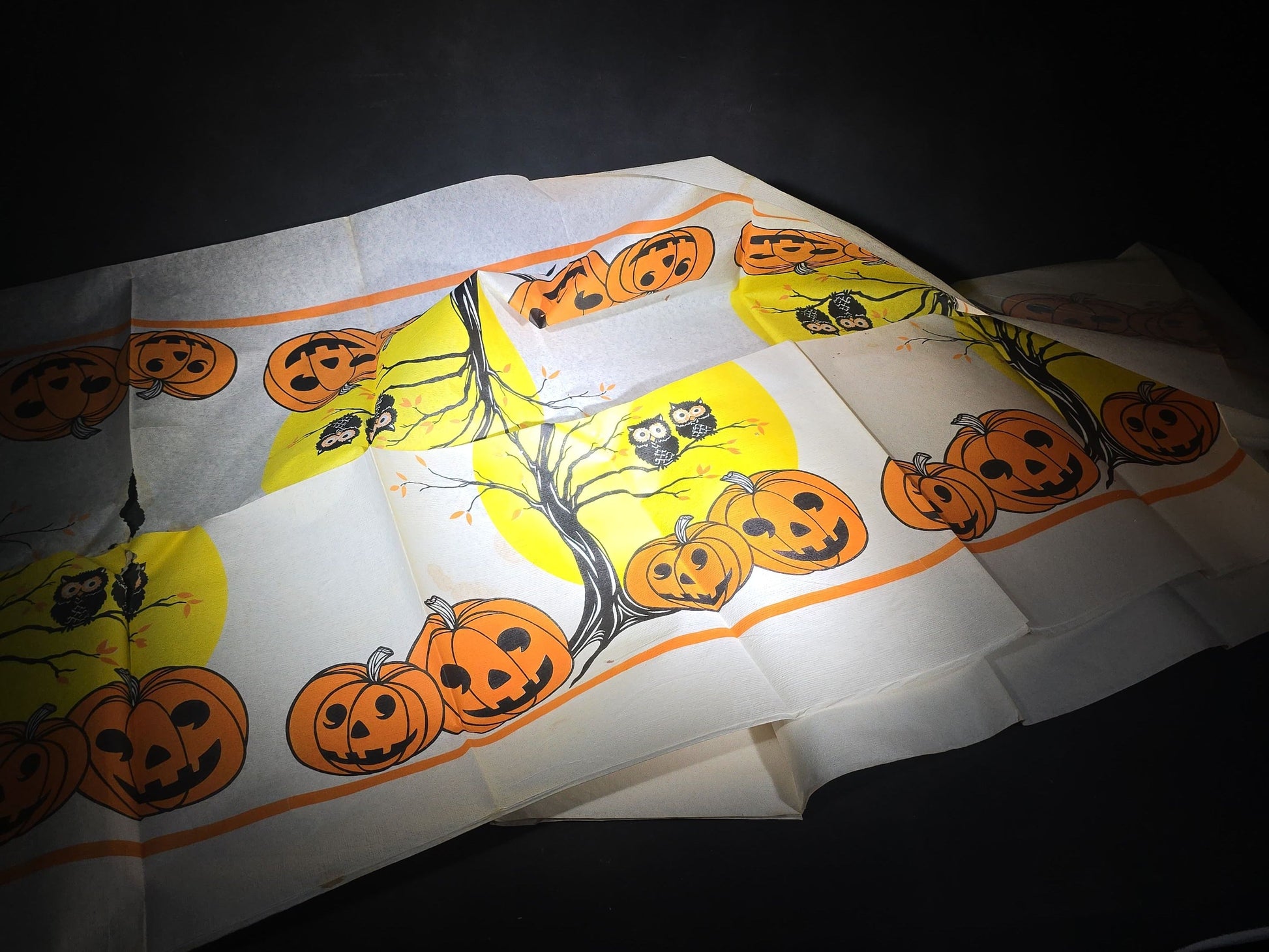 Vintage Halloween Crepe Paper Tablecloth with Jack-O-Lantern, Owl, and Full Moon Graphics, Note Holes