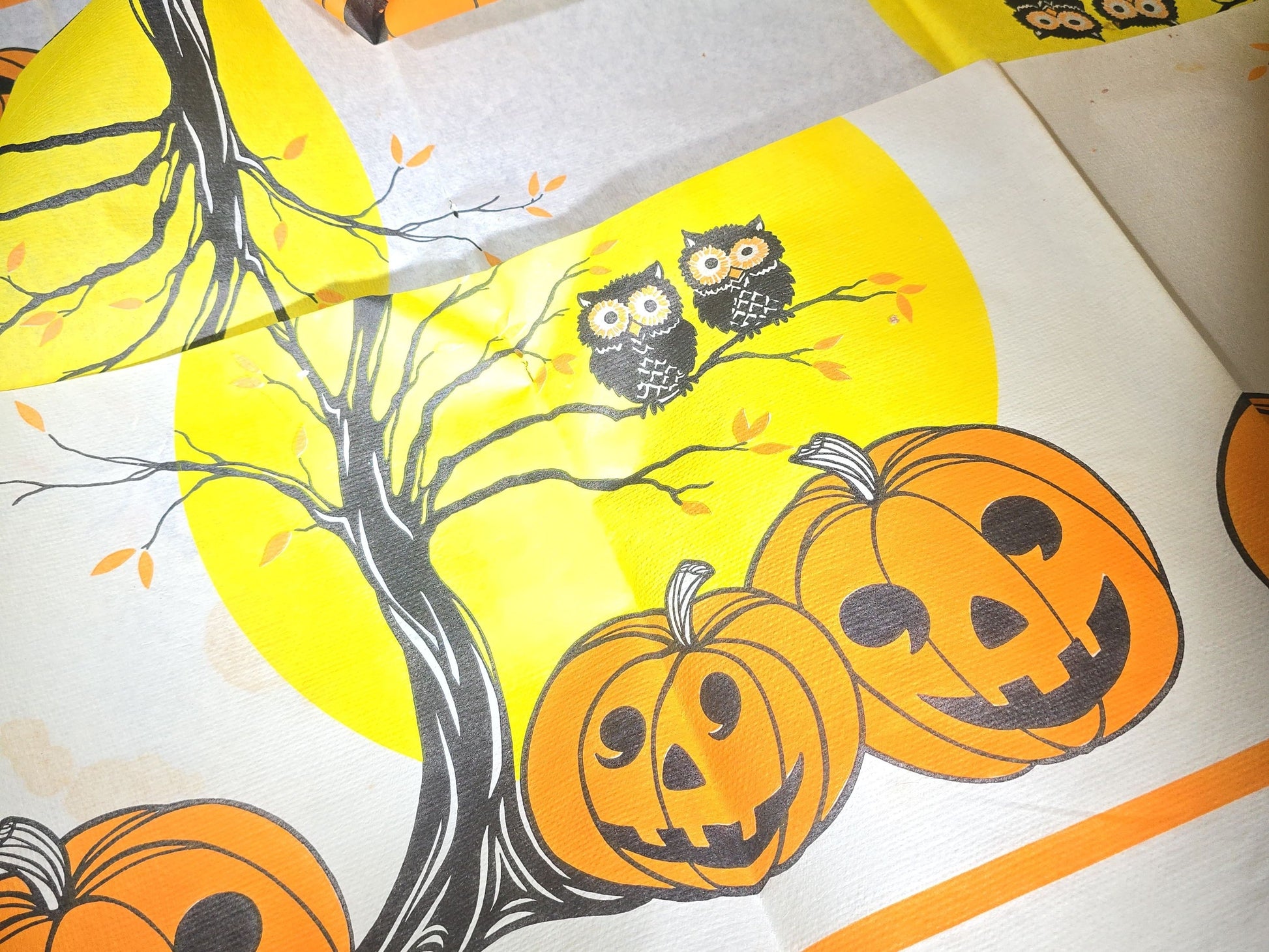 Vintage Halloween Crepe Paper Tablecloth with Jack-O-Lantern, Owl, and Full Moon Graphics, Note Holes