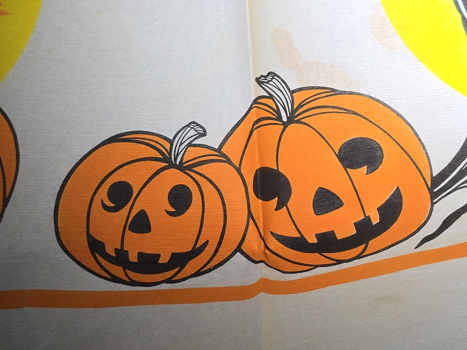 Vintage Halloween Crepe Paper Tablecloth with Jack-O-Lantern, Owl, and Full Moon Graphics, Note Holes