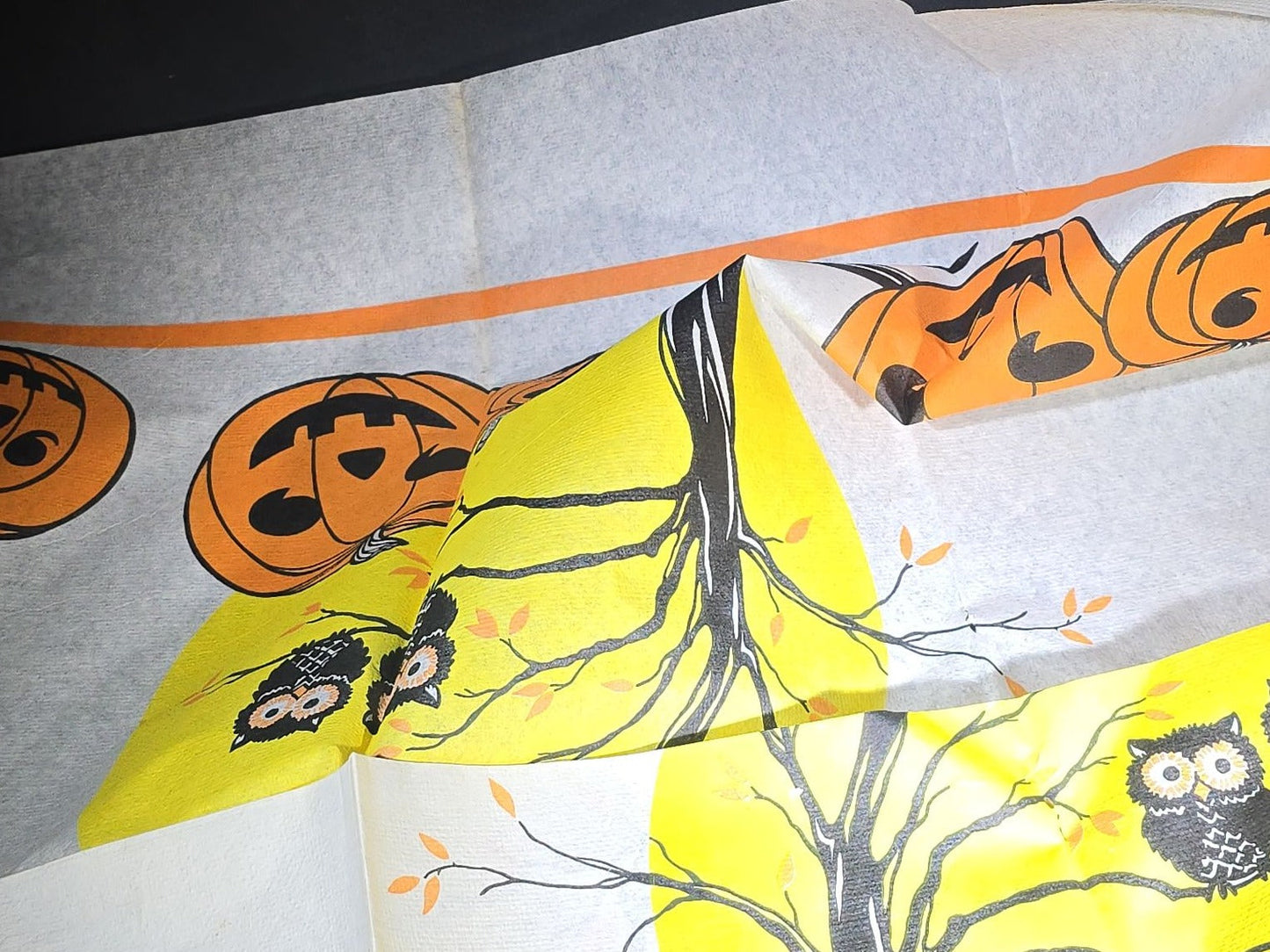 Vintage Halloween Crepe Paper Tablecloth with Jack-O-Lantern, Owl, and Full Moon Graphics, Note Holes