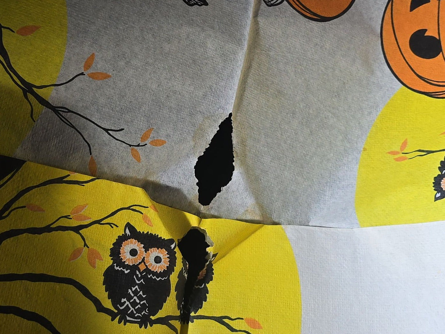 Vintage Halloween Crepe Paper Tablecloth with Jack-O-Lantern, Owl, and Full Moon Graphics, Note Holes