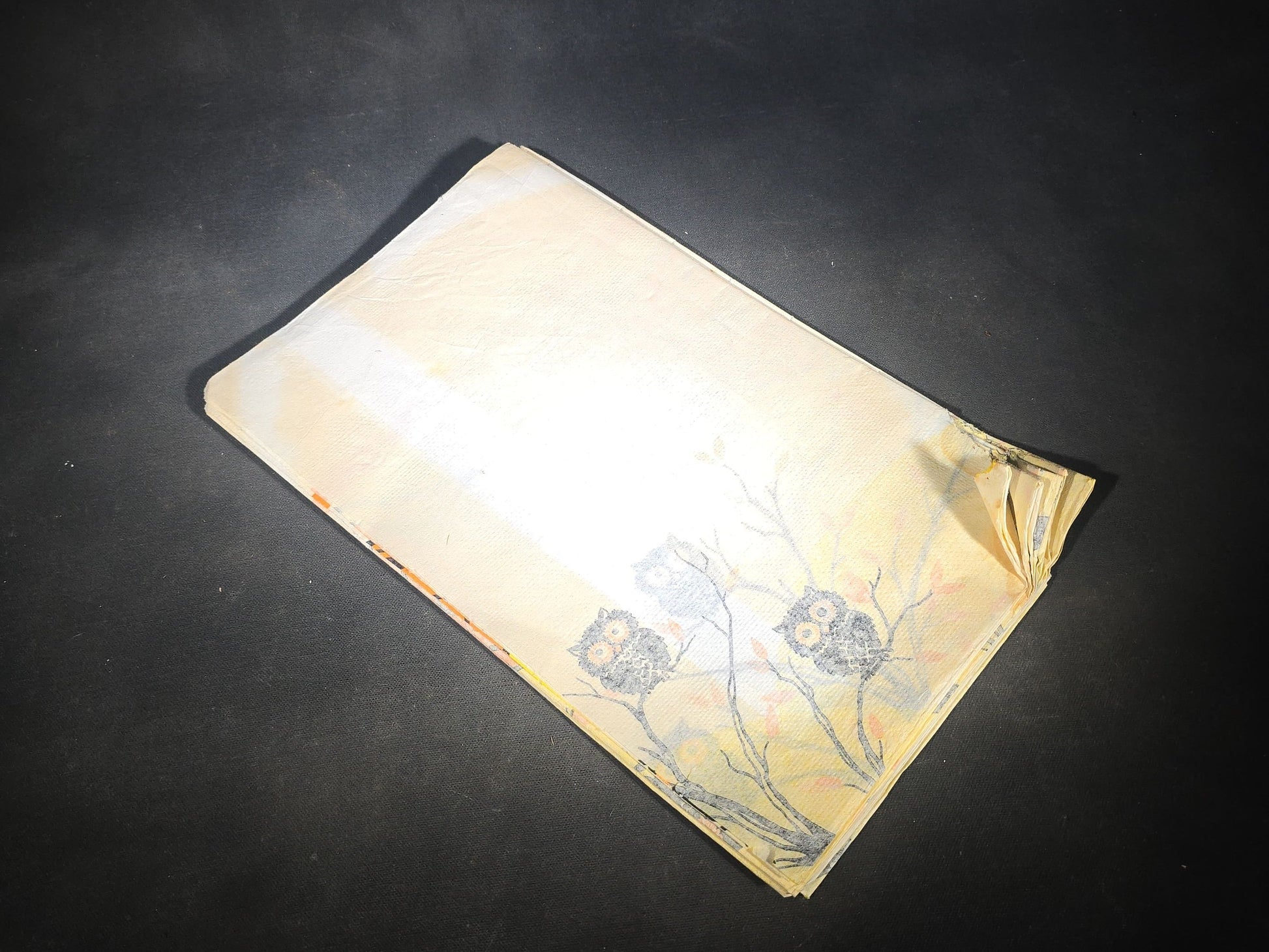 Vintage Halloween Crepe Paper Tablecloth with Jack-O-Lantern, Owl, and Full Moon Graphics, Note Holes