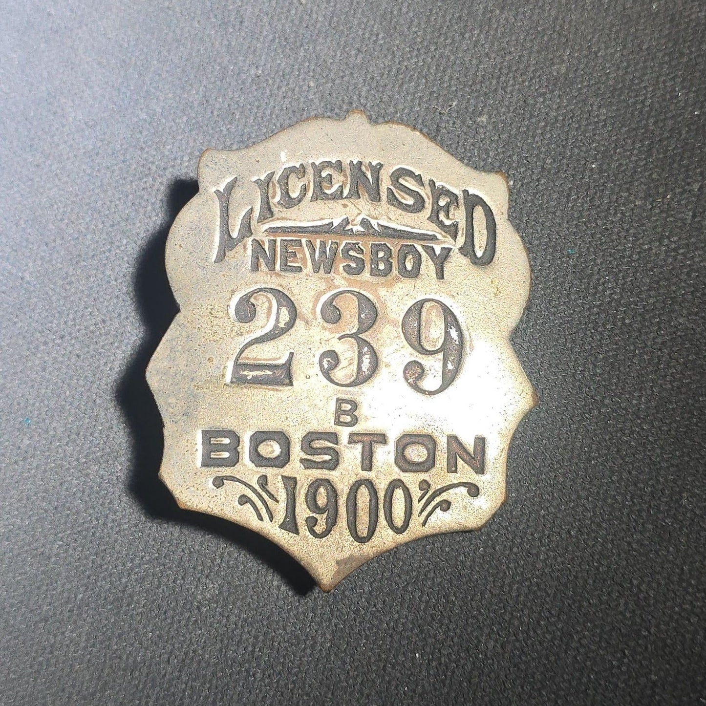 Antique Licensed Newsboy Shield Badge No. 239 B, Boston, Massachusetts, 1900