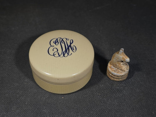 Antique Py-Ra-Lin Celluloid Faux Ivory Monogrammed Pillbox with Lead Chess Knight Found Inside