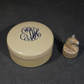 Lot 118 - Antique Py-Ra-Lin Celluloid Faux Ivory Monogrammed Pillbox with Lead Chess Knight Found Inside, 1-5/8" W