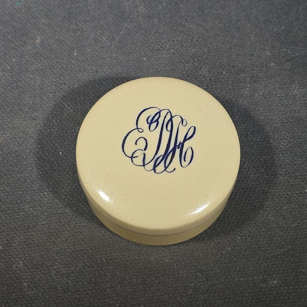 Antique Py-Ra-Lin Celluloid Faux Ivory Monogrammed Pillbox with Lead Chess Knight Found Inside
