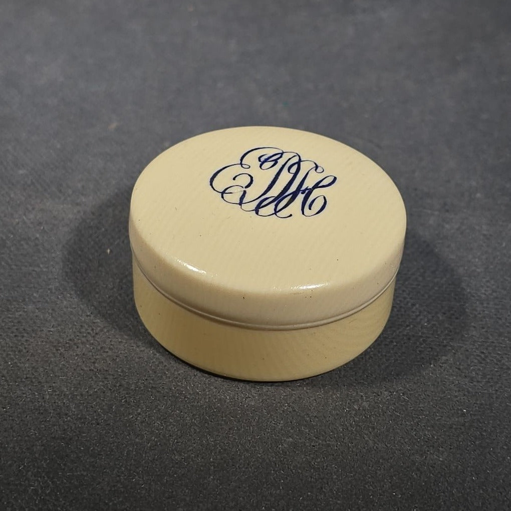 Antique Py-Ra-Lin Celluloid Faux Ivory Monogrammed Pillbox with Lead Chess Knight Found Inside