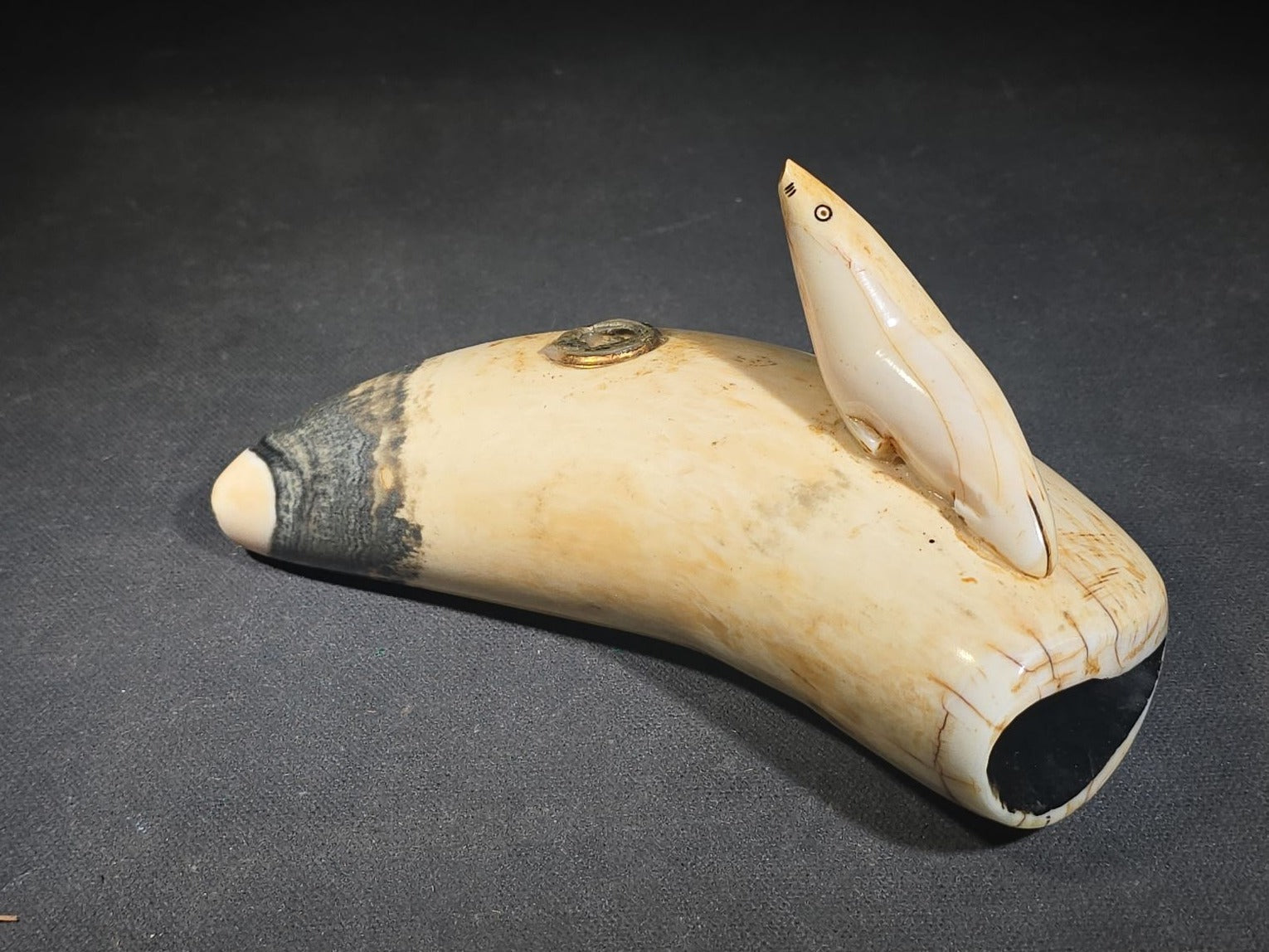 Antique Sperm Whale Tooth with Carved Seal Figure and Incised Details