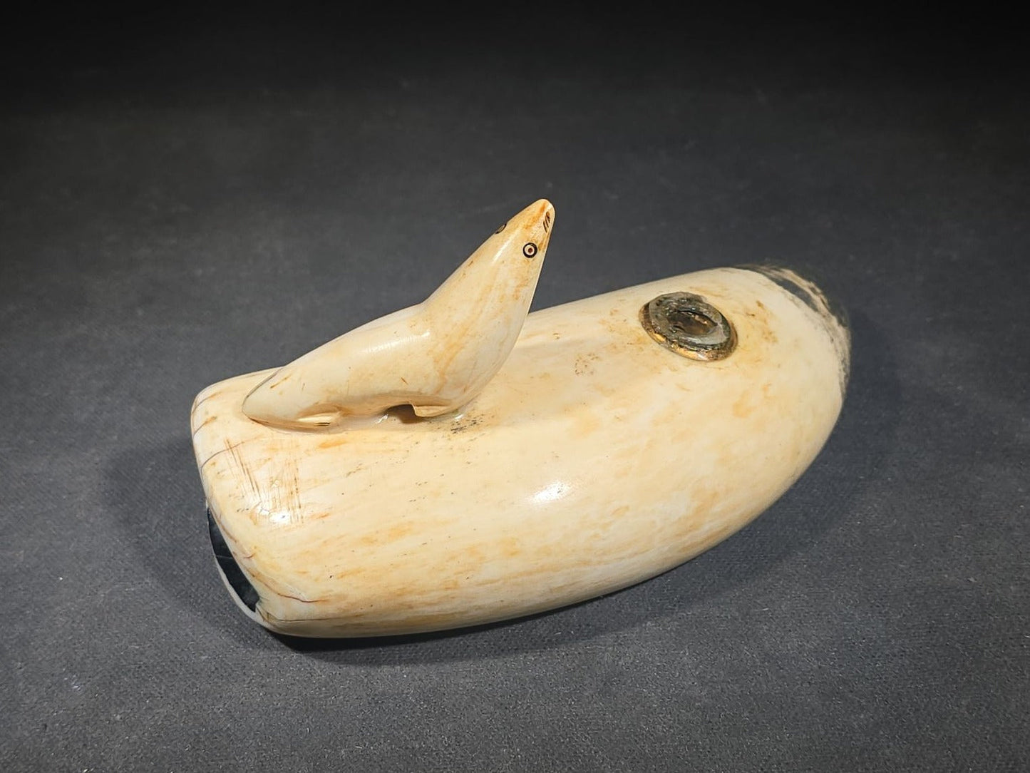 Antique Sperm Whale Tooth with Carved Seal Figure and Incised Details