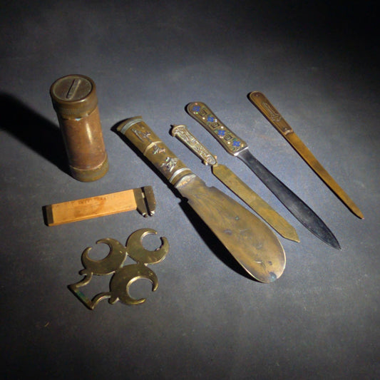 Grouping of Seven Antique and Vintage Smalls including Four Letter Openers, Brass Buckle, Stanley Ruler, and Screw-Top Drill Bit Holder