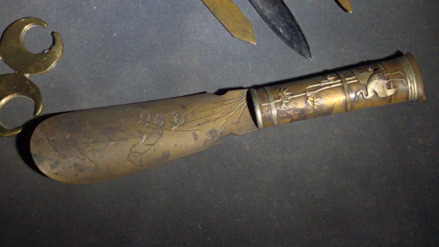 Grouping of Seven Antique and Vintage Smalls including Four Letter Openers, Brass Buckle, Stanley Ruler, and Screw-Top Drill Bit Holder
