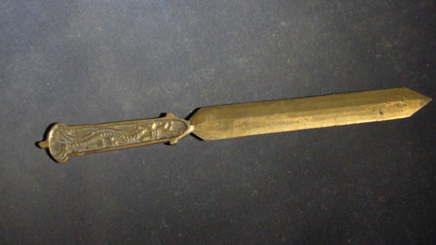 Grouping of Seven Antique and Vintage Smalls including Four Letter Openers, Brass Buckle, Stanley Ruler, and Screw-Top Drill Bit Holder