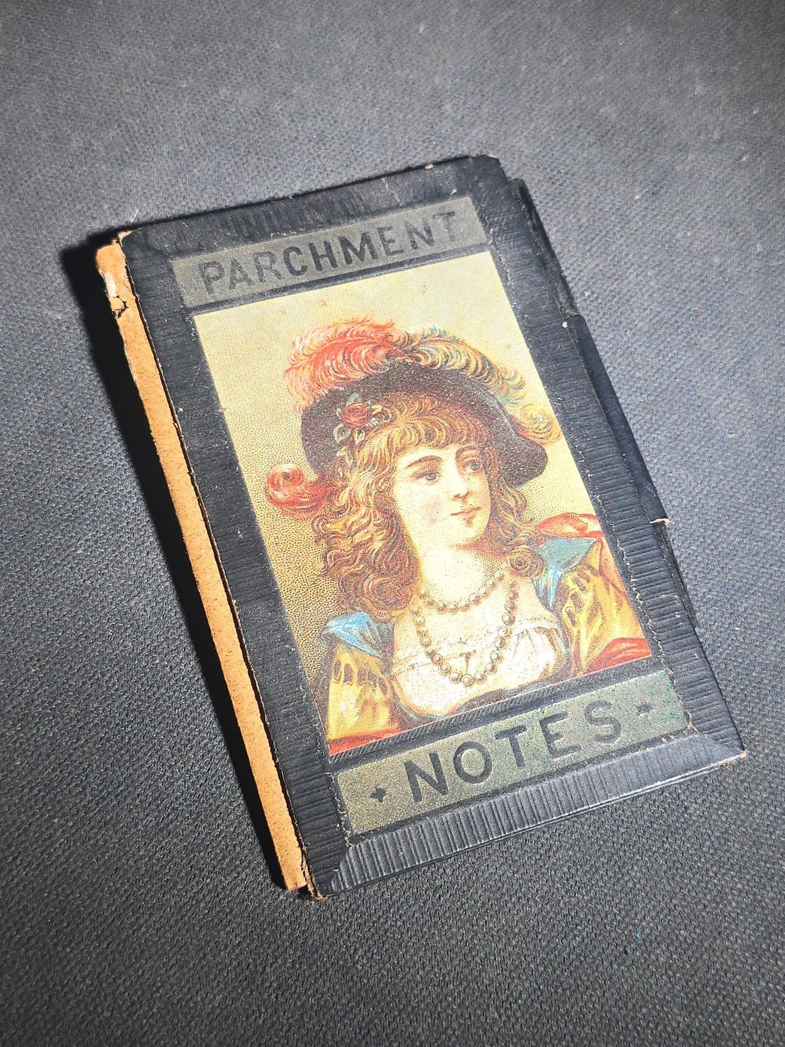Antique "Parchment Notes" Aide-Memoire Pocket Notebook with Chromolithograph Portrait Cover, Black Pages, and Pencil Holder in Spine, Inscribed North Scituate, 1890-1893