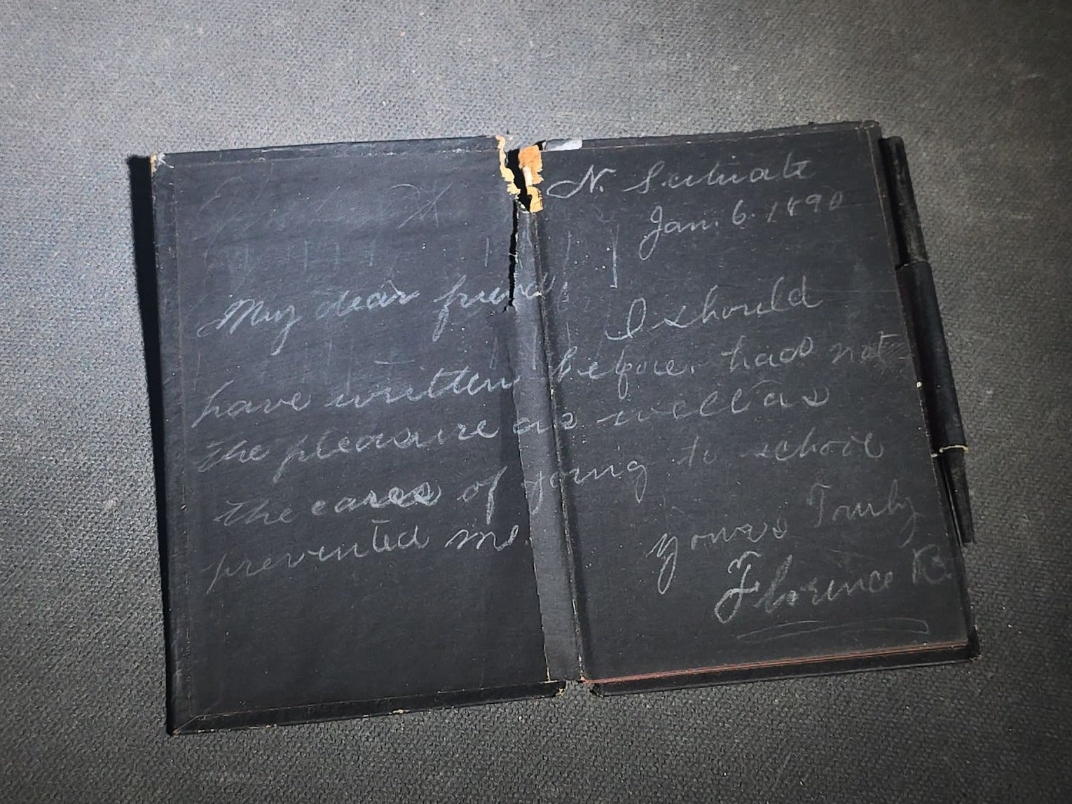 Antique "Parchment Notes" Aide-Memoire Pocket Notebook with Chromolithograph Portrait Cover, Black Pages, and Pencil Holder in Spine, Inscribed North Scituate, 1890-1893