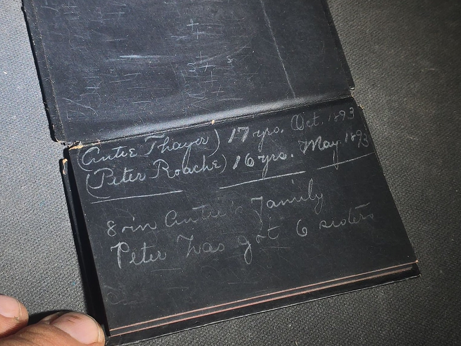 Antique "Parchment Notes" Aide-Memoire Pocket Notebook with Chromolithograph Portrait Cover, Black Pages, and Pencil Holder in Spine, Inscribed North Scituate, 1890-1893