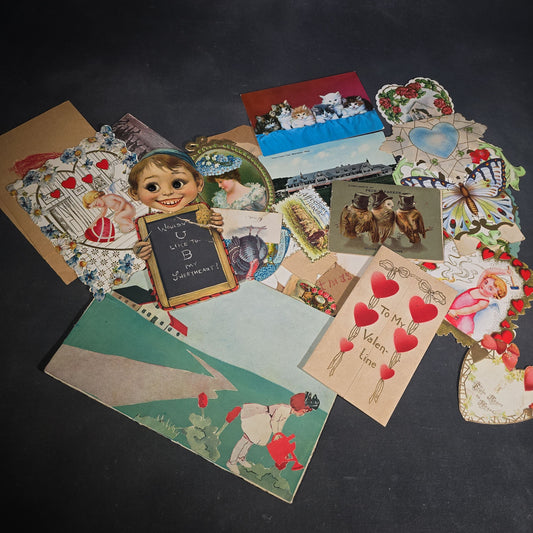 Grouping of 25+ Antique and Vintage Valentines, Postcards, Trade Cards, and Die-Cut Ephemera including Mechanical Chalkboard Valentine, Peck & Parker Owls Trade Card, and Essex County Club Manchester, Massachusetts Postcard