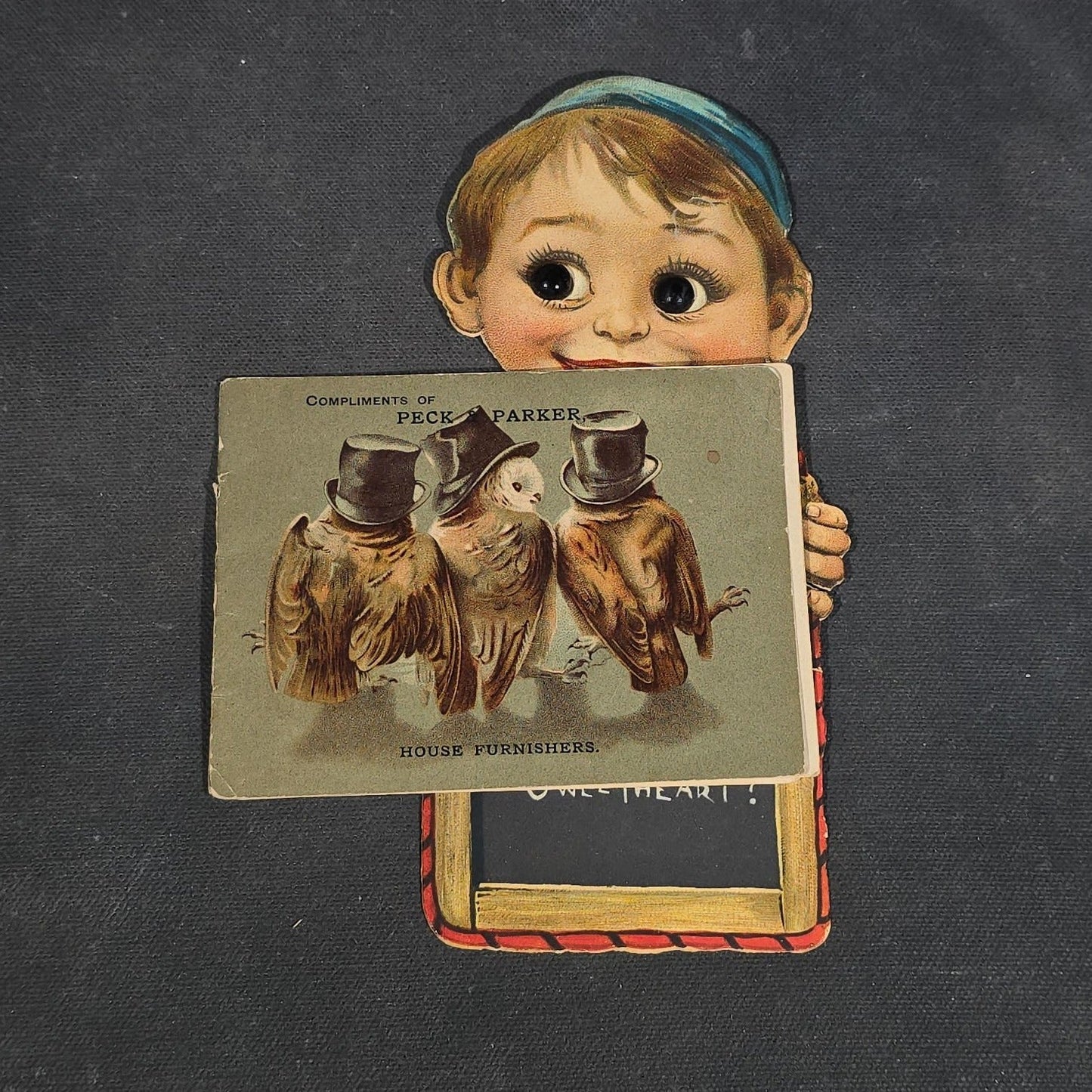 Grouping of 25+ Antique and Vintage Valentines, Postcards, Trade Cards, and Die-Cut Ephemera including Mechanical Chalkboard Valentine, Peck & Parker Owls Trade Card, and Essex County Club Manchester, Massachusetts Postcard