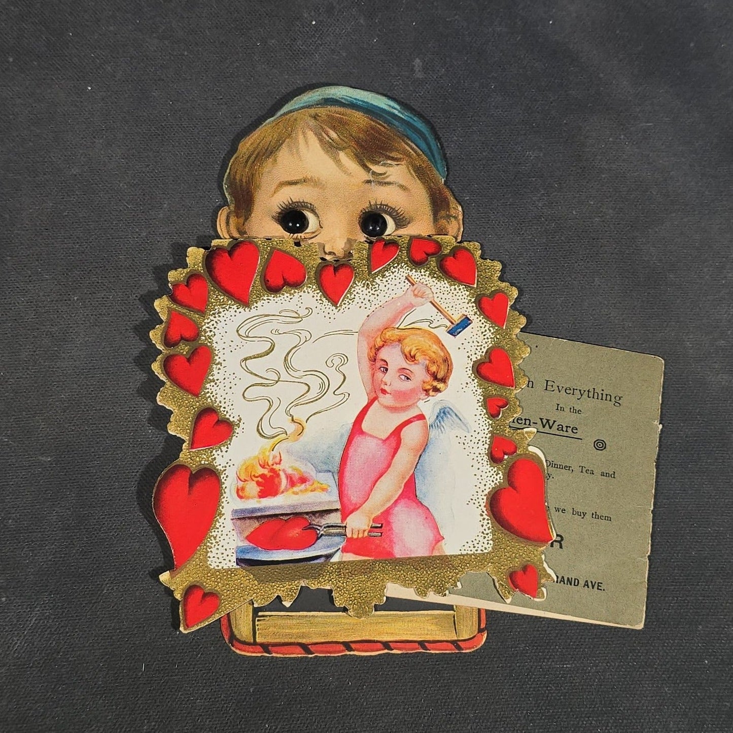 Grouping of 25+ Antique and Vintage Valentines, Postcards, Trade Cards, and Die-Cut Ephemera including Mechanical Chalkboard Valentine, Peck & Parker Owls Trade Card, and Essex County Club Manchester, Massachusetts Postcard