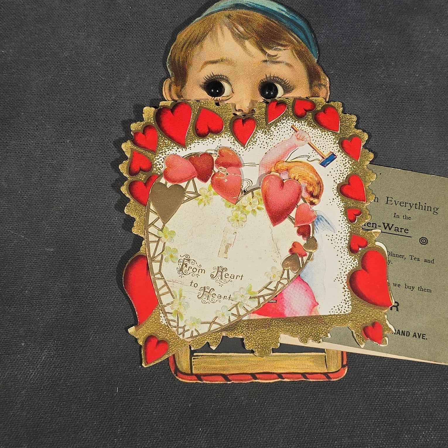 Grouping of 25+ Antique and Vintage Valentines, Postcards, Trade Cards, and Die-Cut Ephemera including Mechanical Chalkboard Valentine, Peck & Parker Owls Trade Card, and Essex County Club Manchester, Massachusetts Postcard