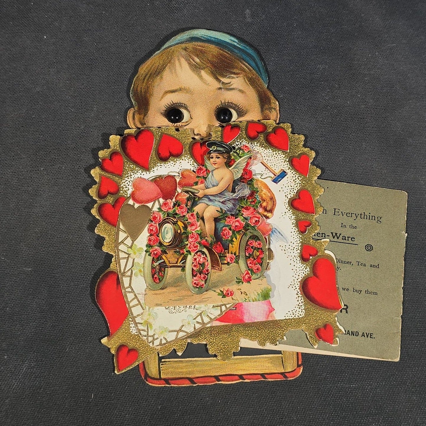 Grouping of 25+ Antique and Vintage Valentines, Postcards, Trade Cards, and Die-Cut Ephemera including Mechanical Chalkboard Valentine, Peck & Parker Owls Trade Card, and Essex County Club Manchester, Massachusetts Postcard