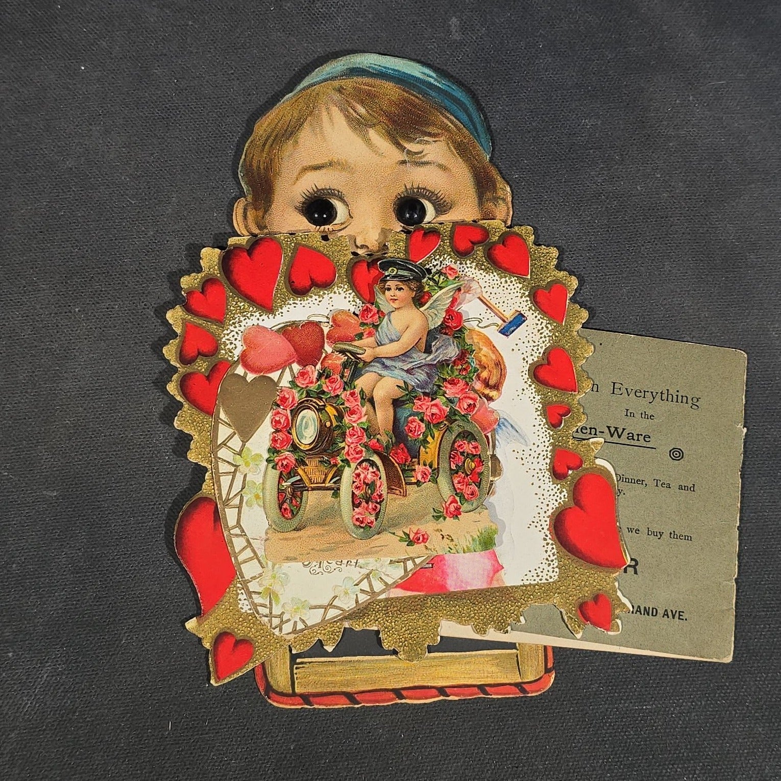Grouping of 25+ Antique and Vintage Valentines, Postcards, Trade Cards, and Die-Cut Ephemera including Mechanical Chalkboard Valentine, Peck & Parker Owls Trade Card, and Essex County Club Manchester, Massachusetts Postcard