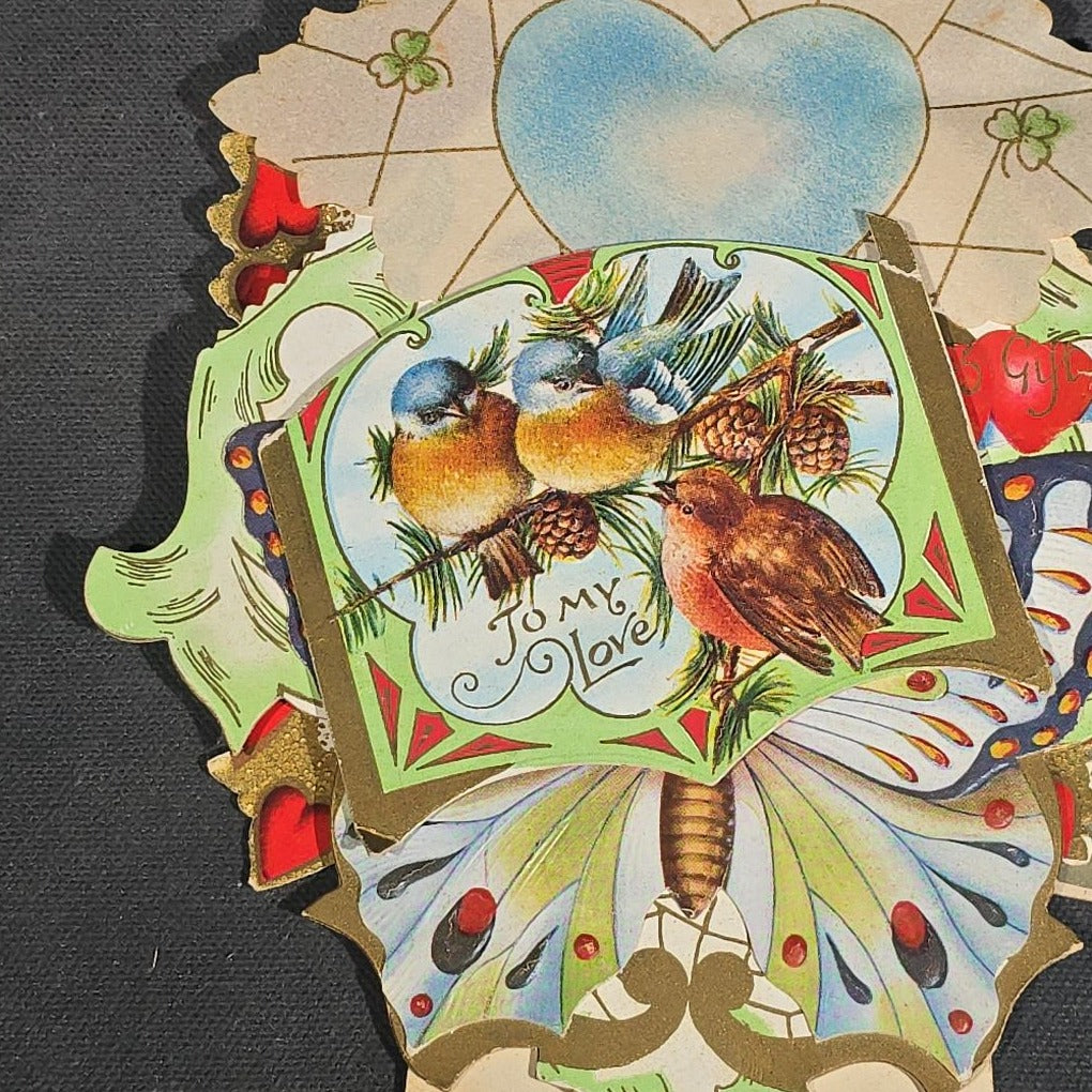 Grouping of 25+ Antique and Vintage Valentines, Postcards, Trade Cards, and Die-Cut Ephemera including Mechanical Chalkboard Valentine, Peck & Parker Owls Trade Card, and Essex County Club Manchester, Massachusetts Postcard