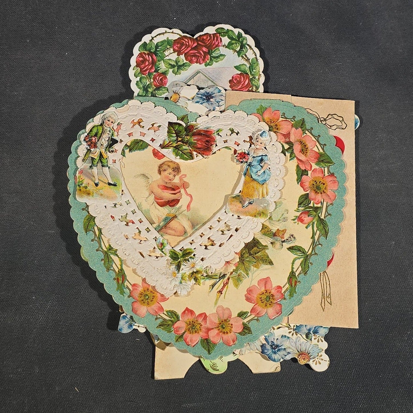 Grouping of 25+ Antique and Vintage Valentines, Postcards, Trade Cards, and Die-Cut Ephemera including Mechanical Chalkboard Valentine, Peck & Parker Owls Trade Card, and Essex County Club Manchester, Massachusetts Postcard