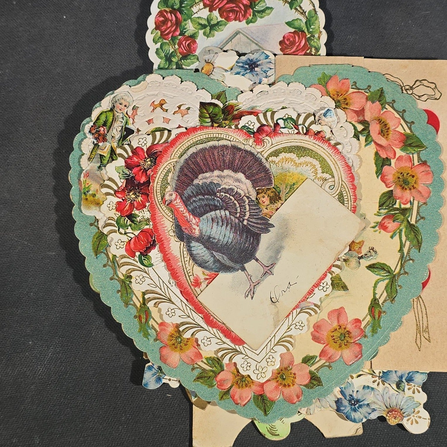 Grouping of 25+ Antique and Vintage Valentines, Postcards, Trade Cards, and Die-Cut Ephemera including Mechanical Chalkboard Valentine, Peck & Parker Owls Trade Card, and Essex County Club Manchester, Massachusetts Postcard