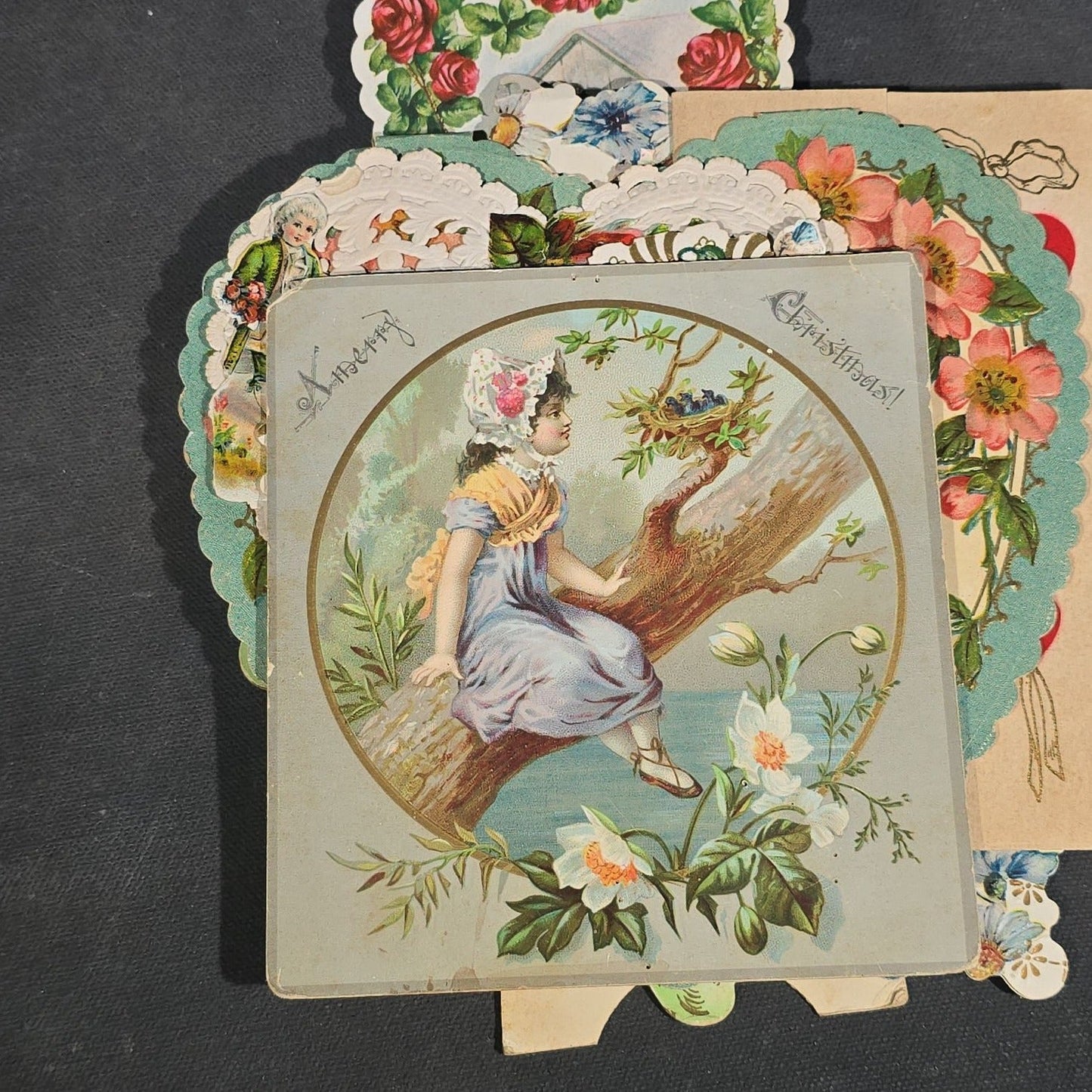 Grouping of 25+ Antique and Vintage Valentines, Postcards, Trade Cards, and Die-Cut Ephemera including Mechanical Chalkboard Valentine, Peck & Parker Owls Trade Card, and Essex County Club Manchester, Massachusetts Postcard