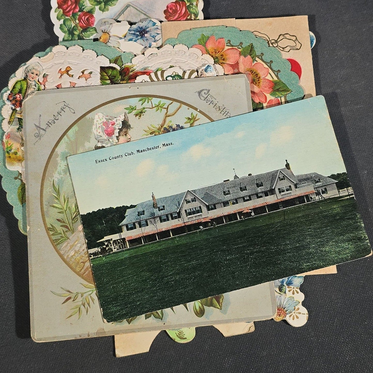 Grouping of 25+ Antique and Vintage Valentines, Postcards, Trade Cards, and Die-Cut Ephemera including Mechanical Chalkboard Valentine, Peck & Parker Owls Trade Card, and Essex County Club Manchester, Massachusetts Postcard