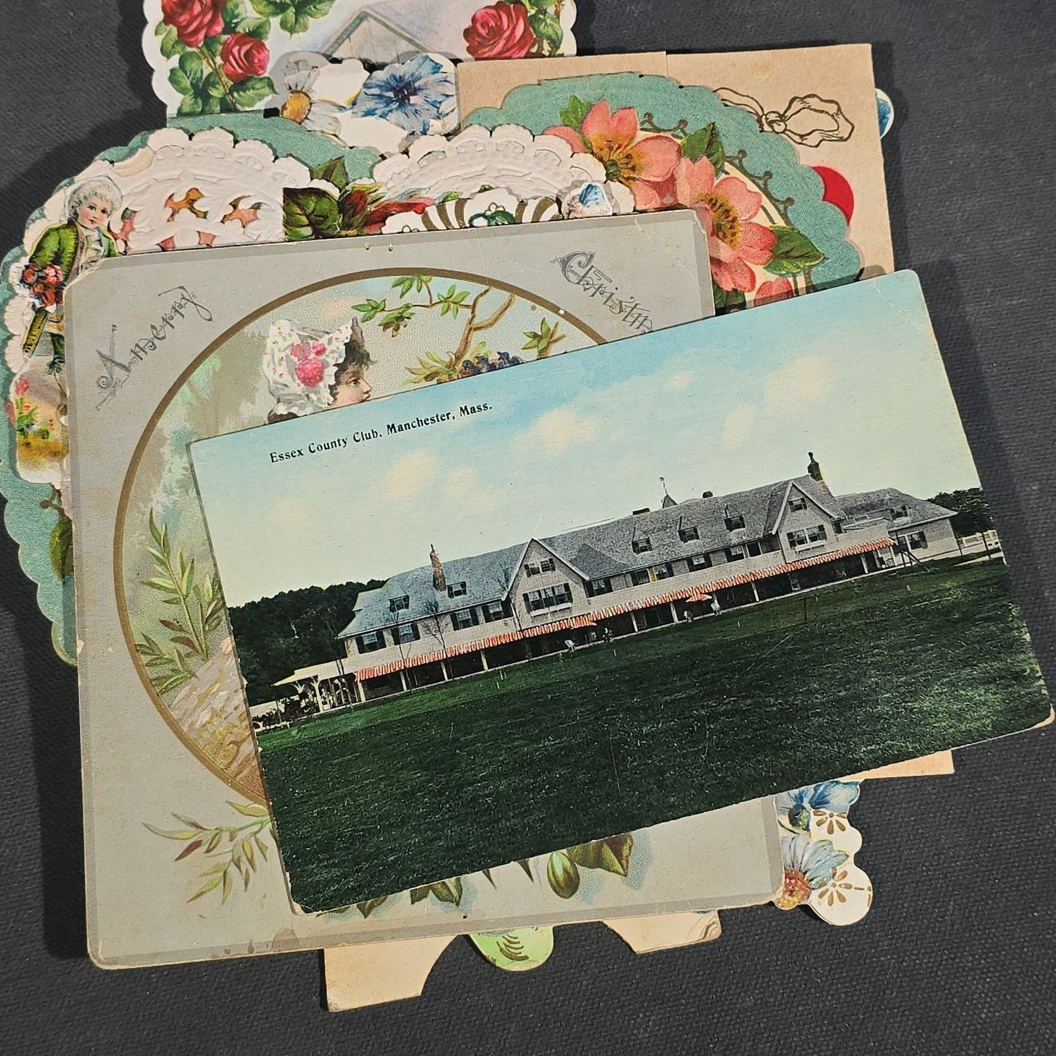 Grouping of 25+ Antique and Vintage Valentines, Postcards, Trade Cards, and Die-Cut Ephemera including Mechanical Chalkboard Valentine, Peck & Parker Owls Trade Card, and Essex County Club Manchester, Massachusetts Postcard