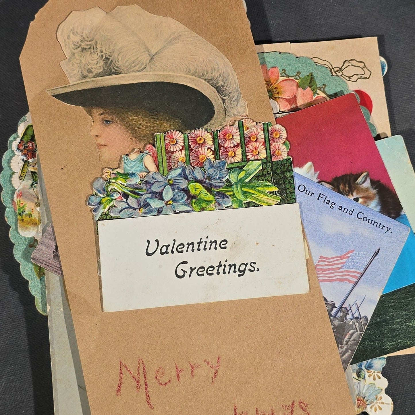 Grouping of 25+ Antique and Vintage Valentines, Postcards, Trade Cards, and Die-Cut Ephemera including Mechanical Chalkboard Valentine, Peck & Parker Owls Trade Card, and Essex County Club Manchester, Massachusetts Postcard