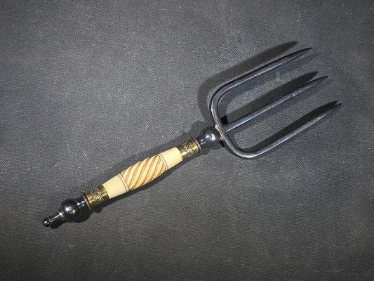 Antique Four-Tine Bread Fork with Carved Bone Handle and Brass Ferrules