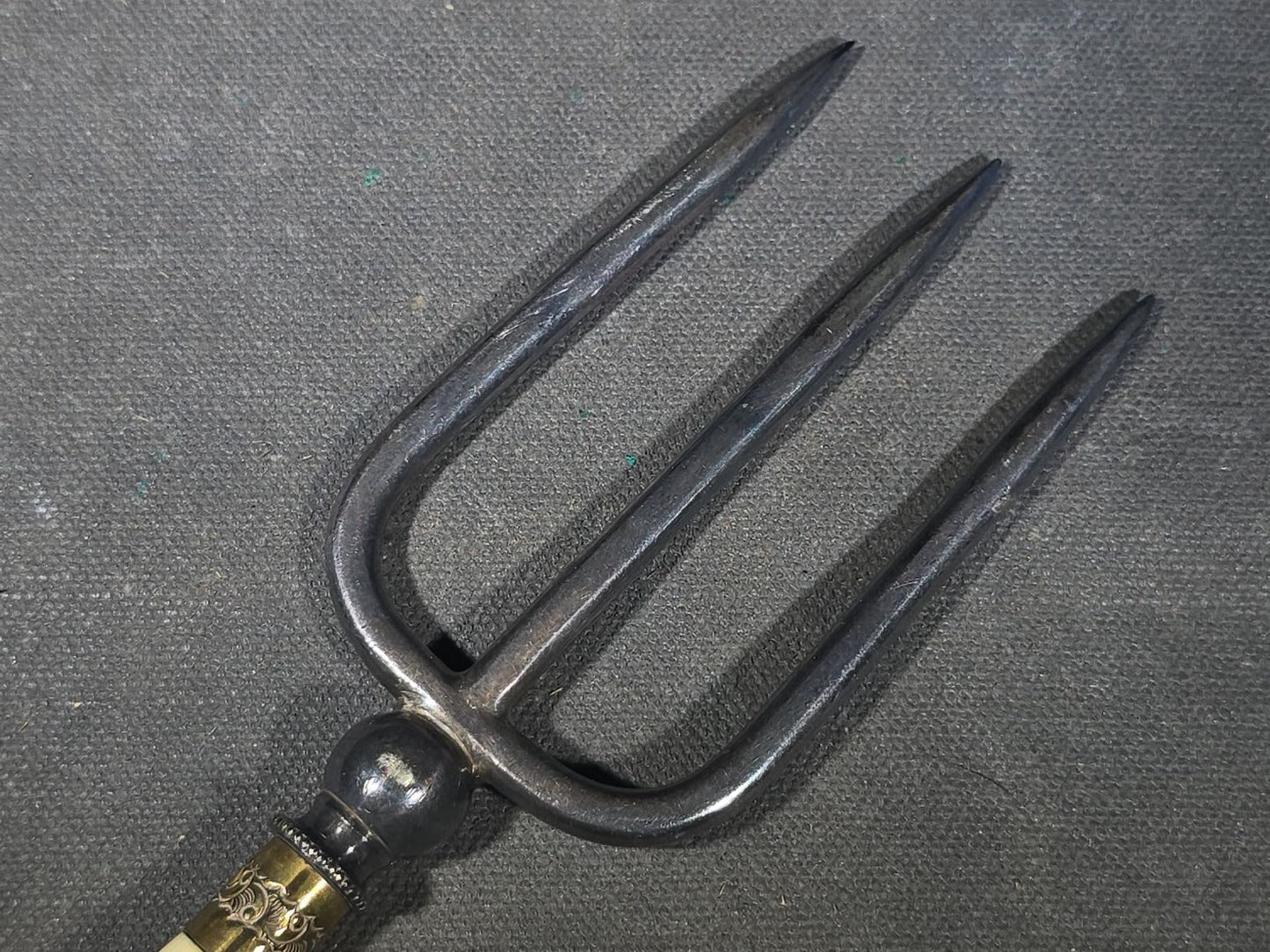 Antique Four-Tine Bread Fork with Carved Bone Handle and Brass Ferrules