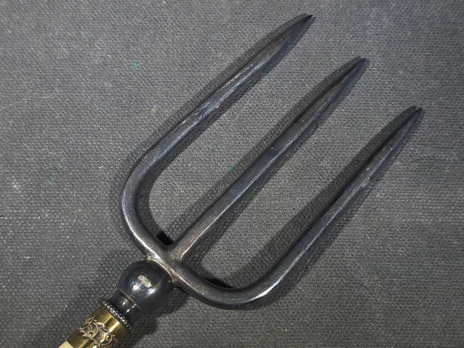 Antique Four-Tine Bread Fork with Carved Bone Handle and Brass Ferrules