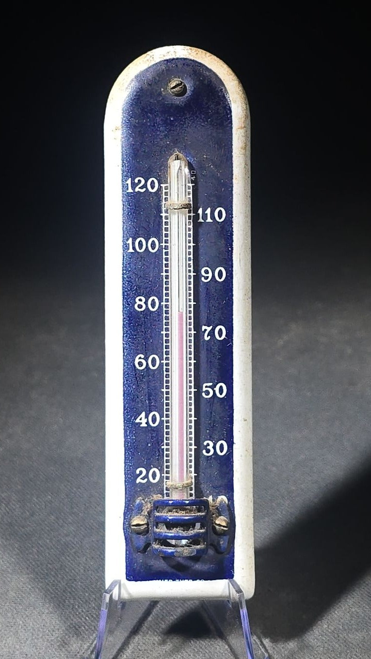 Vintage Porcelain Enamel Wall Thermometer with Cobalt Blue and White Face