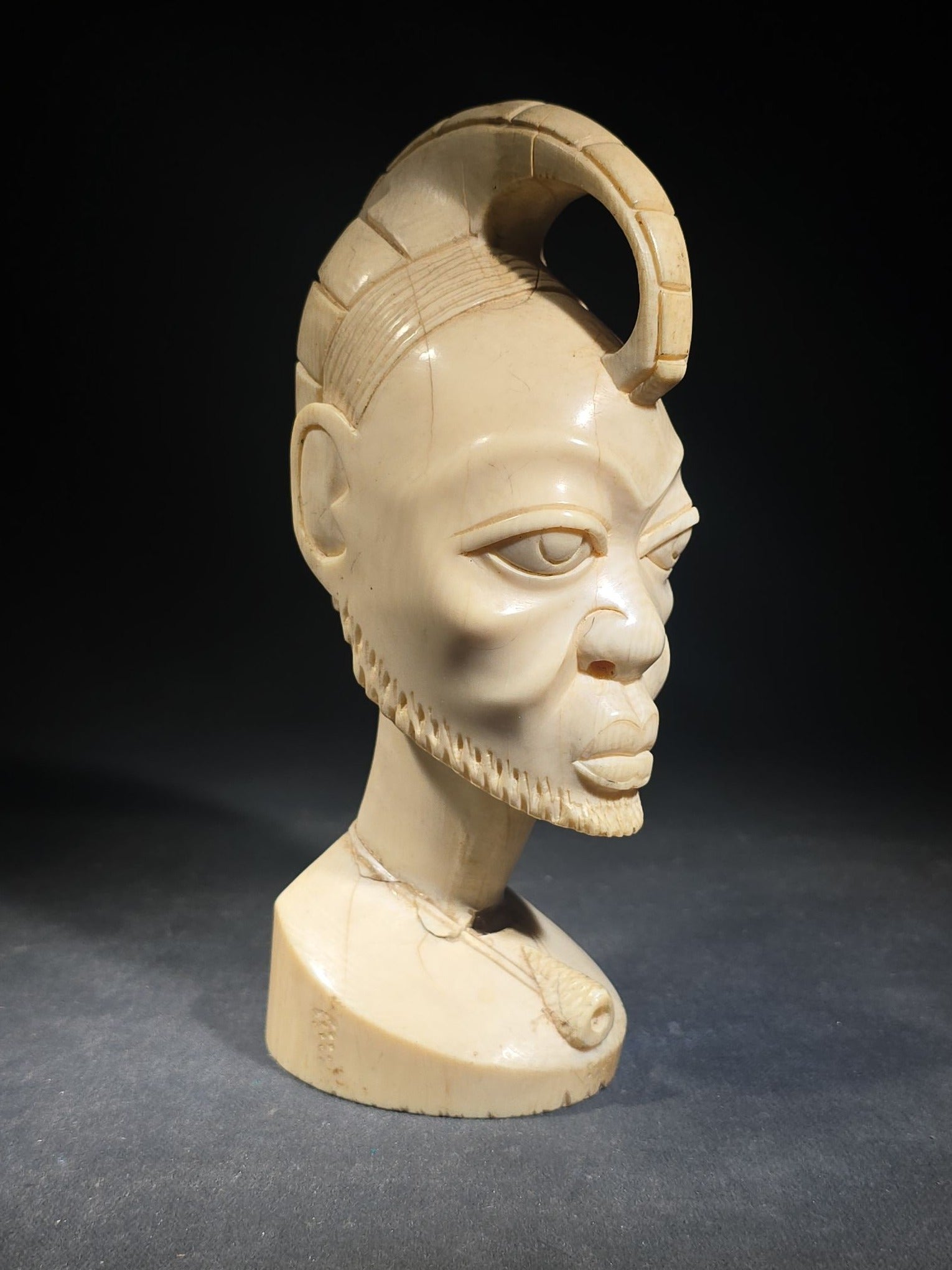 Vintage African Carved Ivory Bust of a Man with Looped Headdress and Pendant Necklace, Note Damaged and Repaired