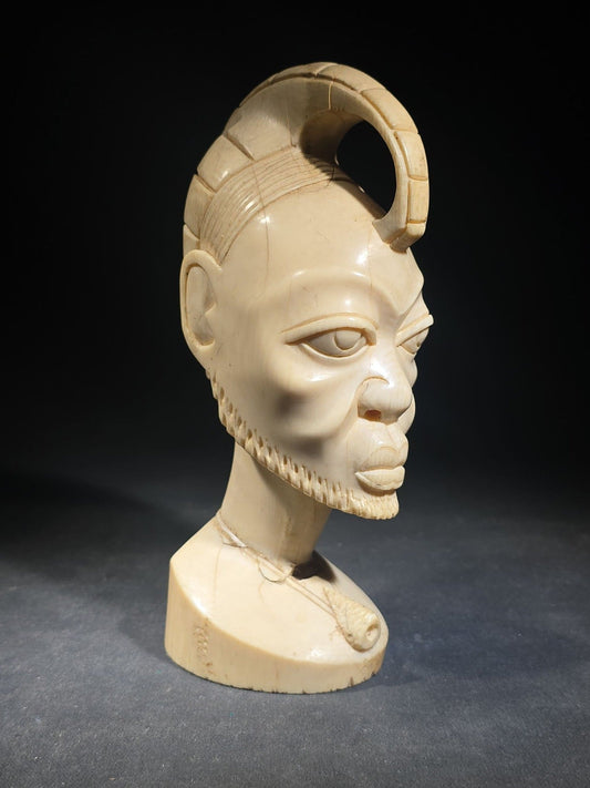 Vintage African Carved Ivory Bust of a Man with Looped Headdress and Pendant Necklace, Note Damaged and Repaired