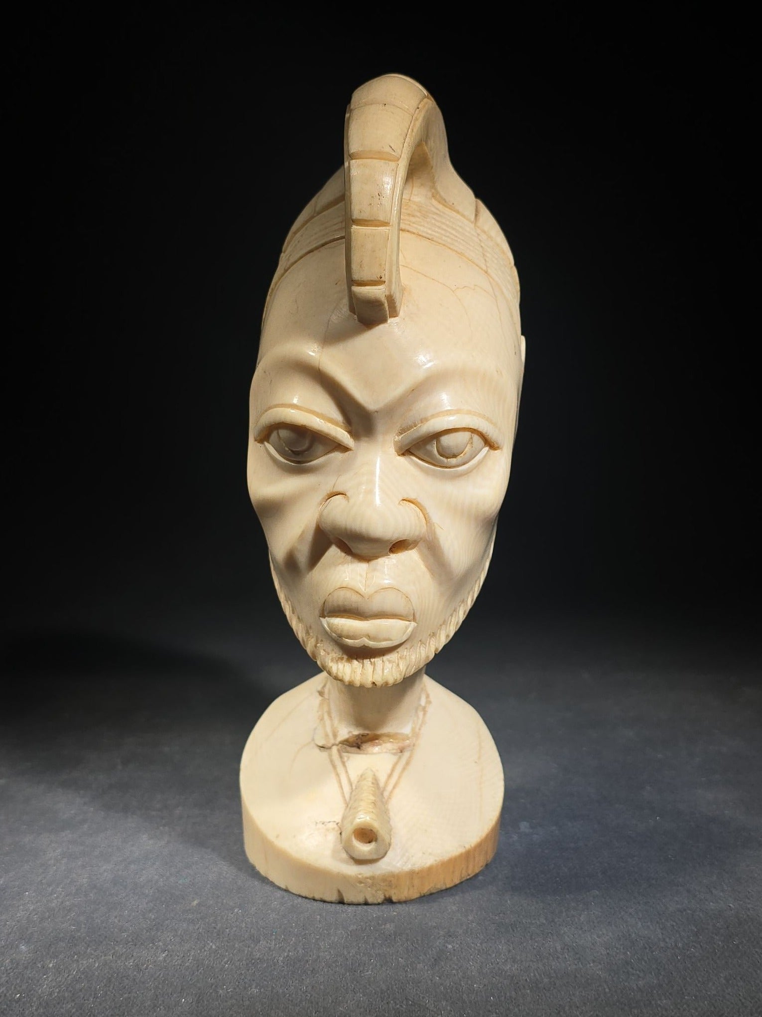 Vintage African Carved Ivory Bust of a Man with Looped Headdress and Pendant Necklace, Note Damaged and Repaired