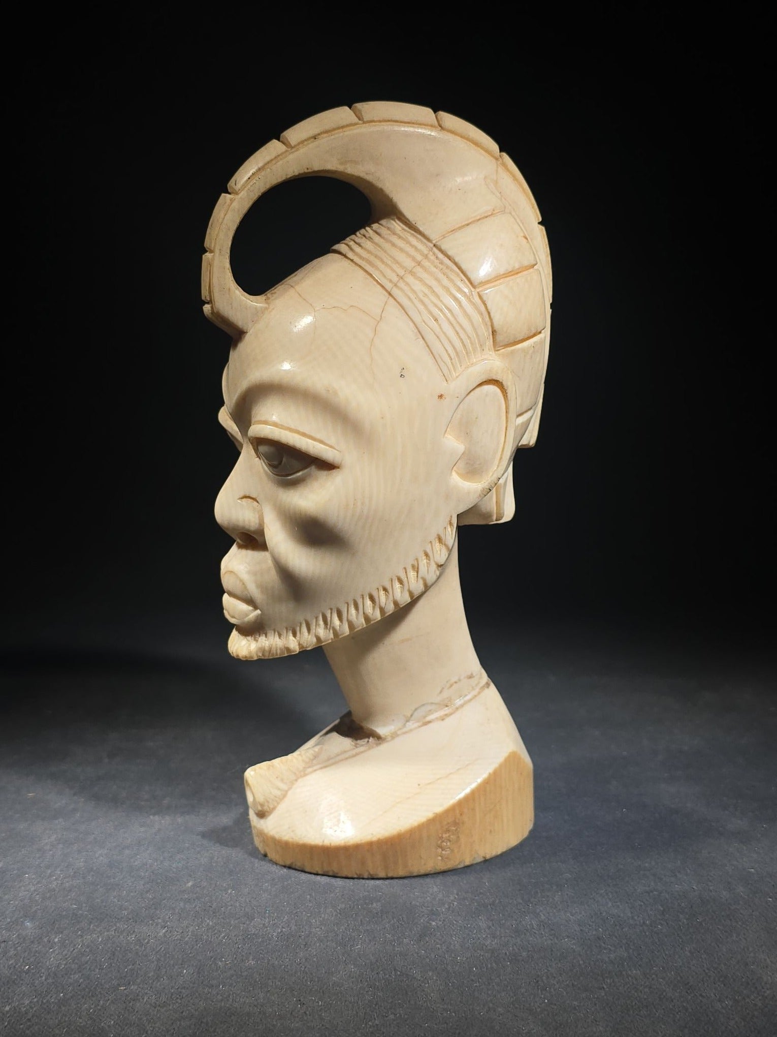 Vintage African Carved Ivory Bust of a Man with Looped Headdress and Pendant Necklace, Note Damaged and Repaired