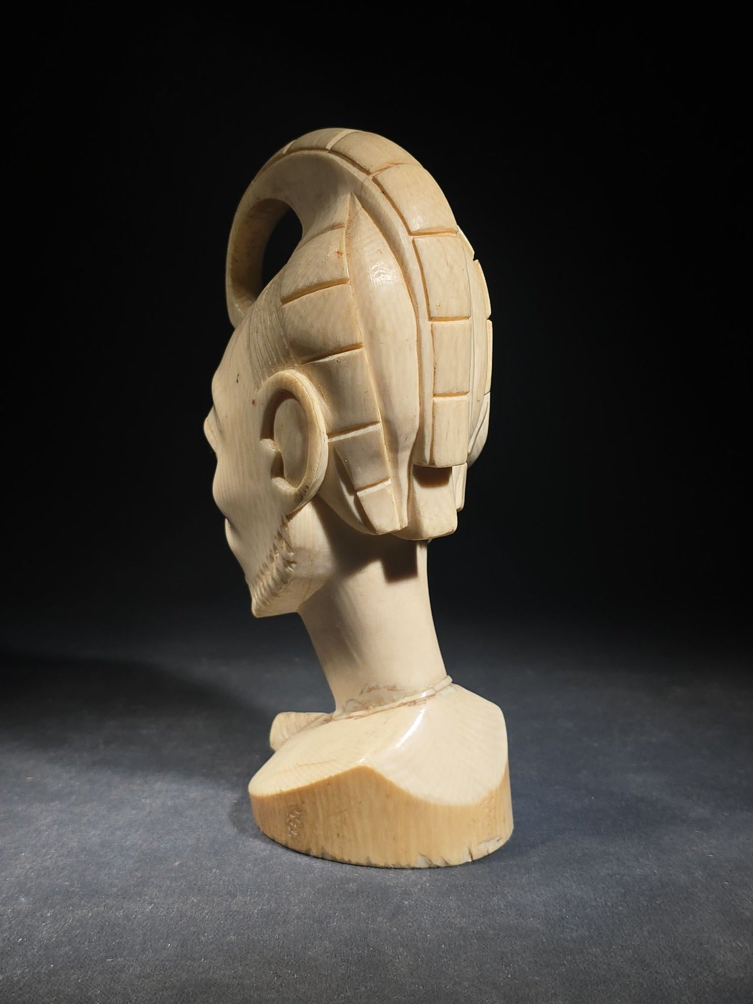 Vintage African Carved Ivory Bust of a Man with Looped Headdress and Pendant Necklace, Note Damaged and Repaired