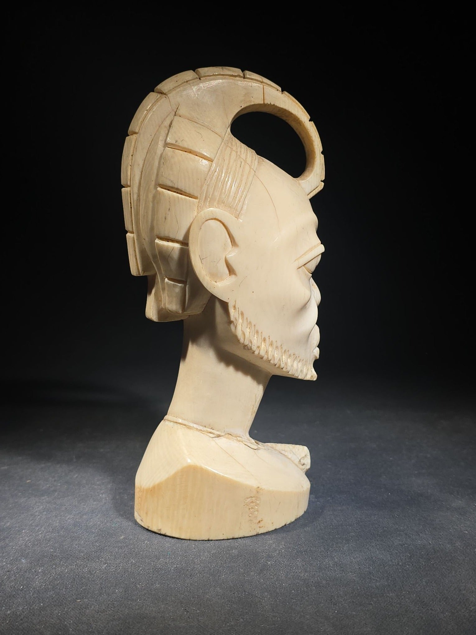 Vintage African Carved Ivory Bust of a Man with Looped Headdress and Pendant Necklace, Note Damaged and Repaired